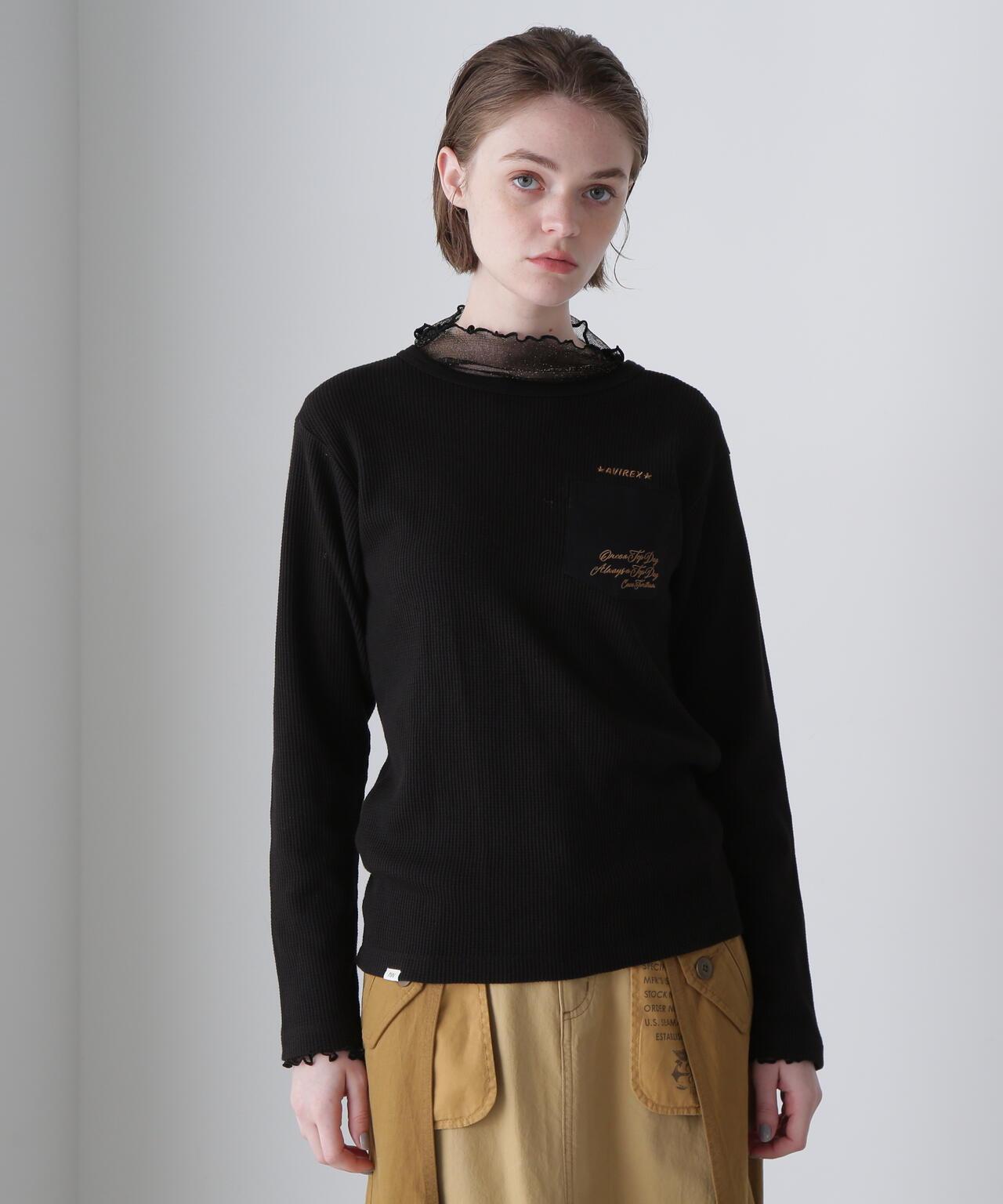 LS COLOR STITCH EMB WAFFLE T-SHIRT/彩色拼接刺繡格子T恤