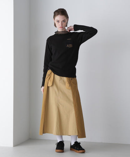 LS COLOR STITCH EMB WAFFLE T-SHIRT/彩色拼接刺繡格子T恤