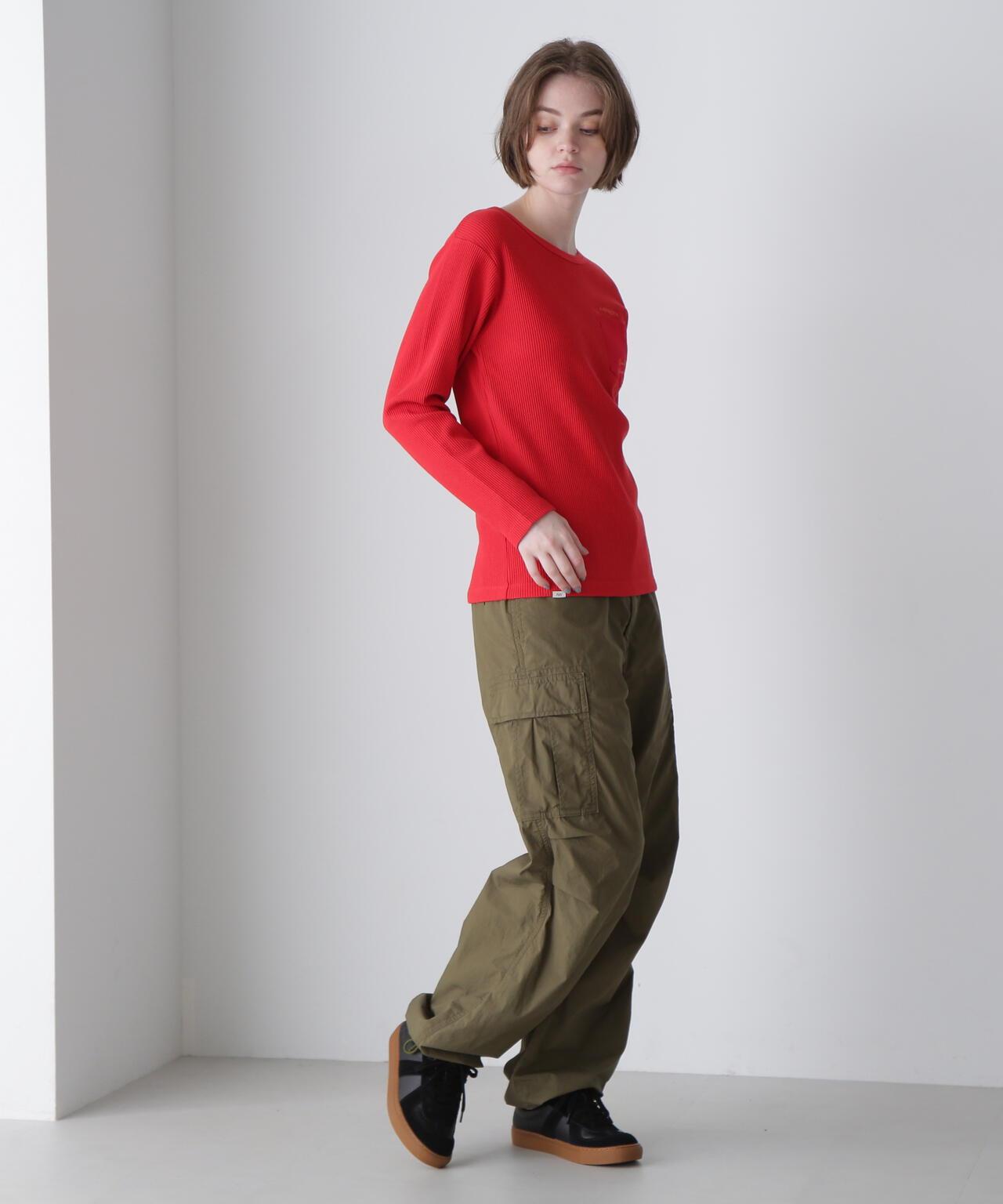LS COLOR STITCH EMB WAFFLE T-SHIRT/彩色拼接刺繡格子T恤