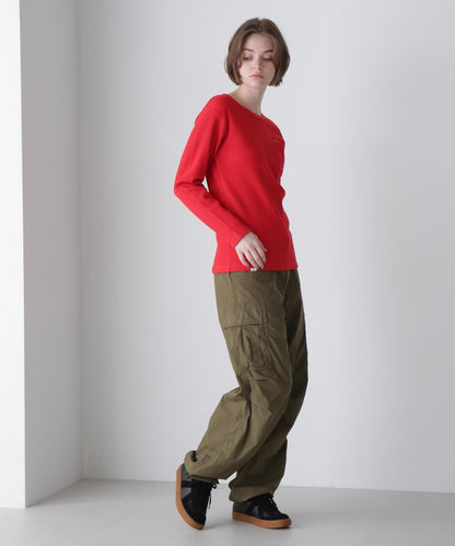 LS COLOR STITCH EMB WAFFLE T-SHIRT/彩色拼接刺繡格子T恤