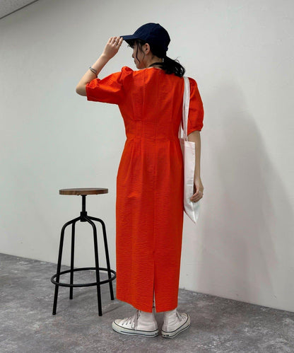 棉質波紋高腰修身連衣裙