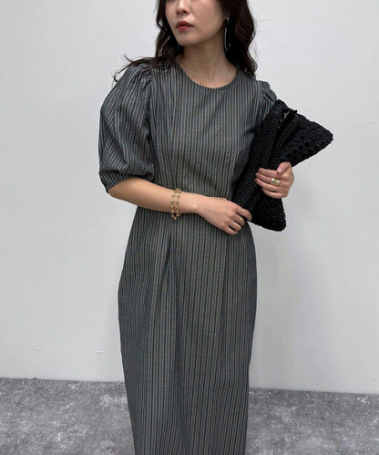 棉質波紋高腰修身連衣裙