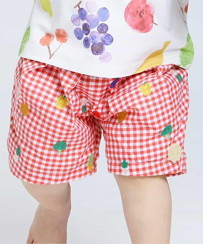 水果和蔬菜刺繡格子褲 5分褲