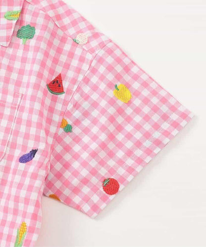 水果和蔬菜刺繡格子襯衫
