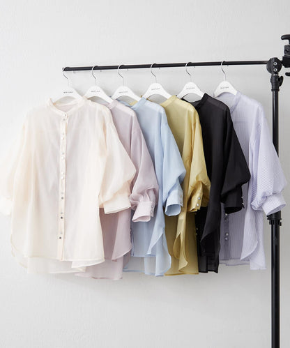 6色系、立領泡泡袖透視蕾絲襯衫