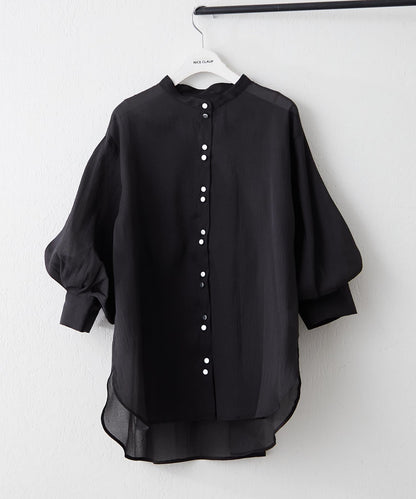 6色系、立領泡泡袖透視蕾絲襯衫