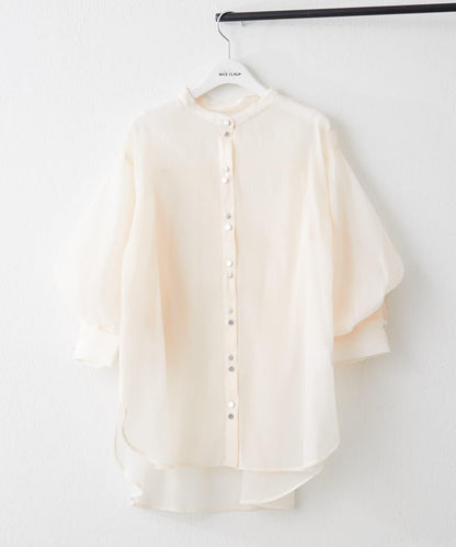 6色系、立領泡泡袖透視蕾絲襯衫