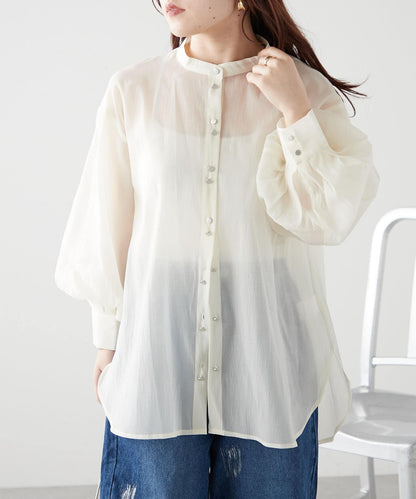 6色系、立領泡泡袖透視蕾絲襯衫