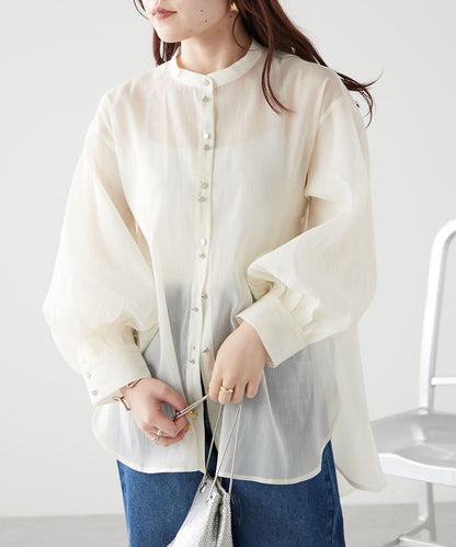 6色系、立領泡泡袖透視蕾絲襯衫