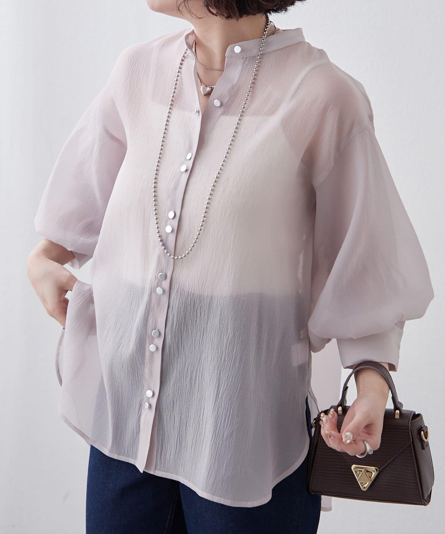 6色系、立領泡泡袖透視蕾絲襯衫