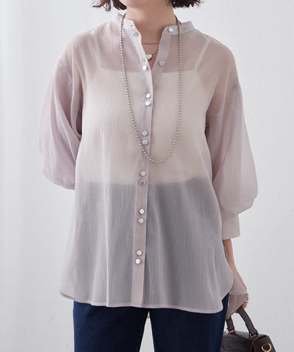 6色系、立領泡泡袖透視蕾絲襯衫