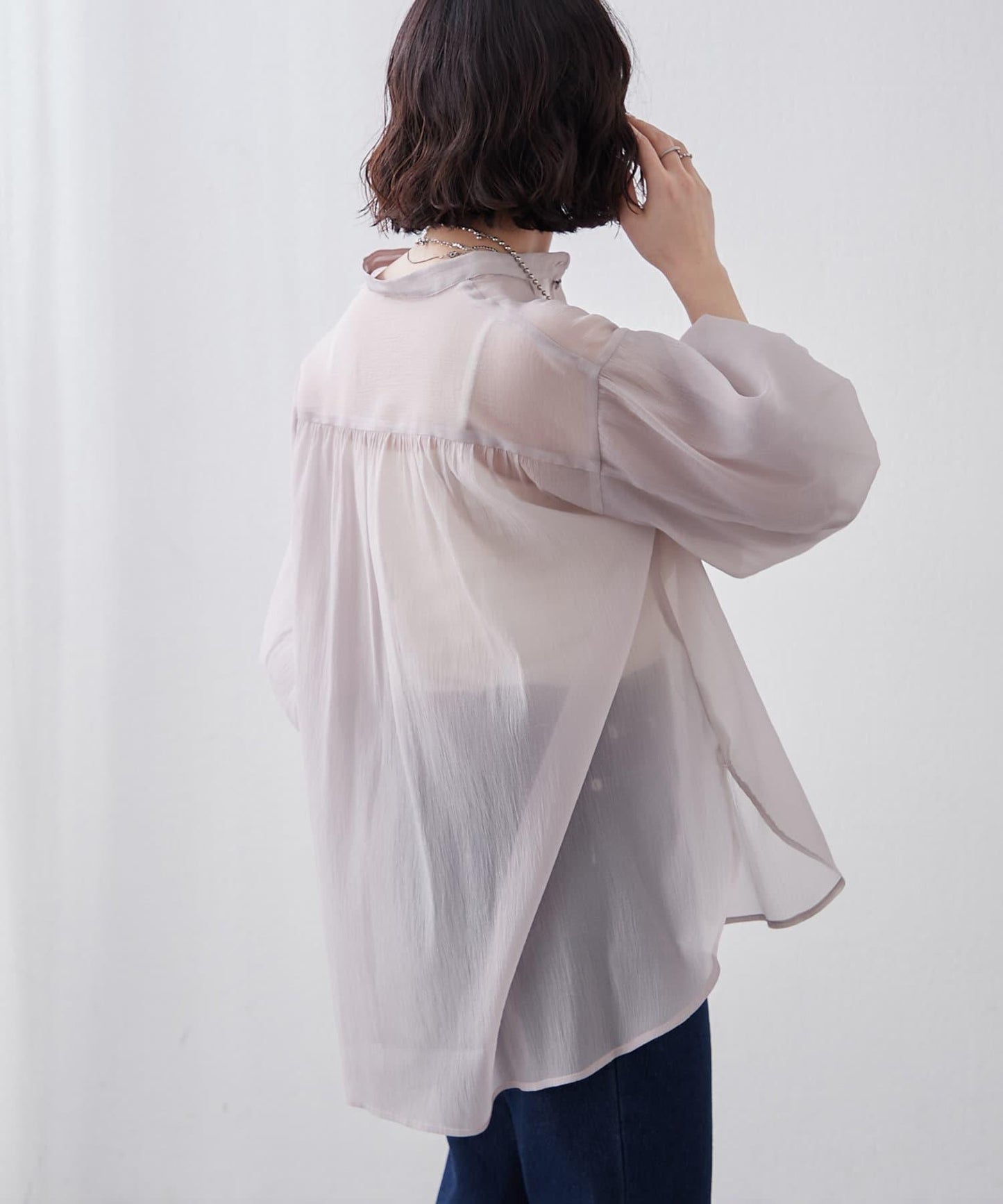 6色系、立領泡泡袖透視蕾絲襯衫