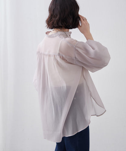 6色系、立領泡泡袖透視蕾絲襯衫