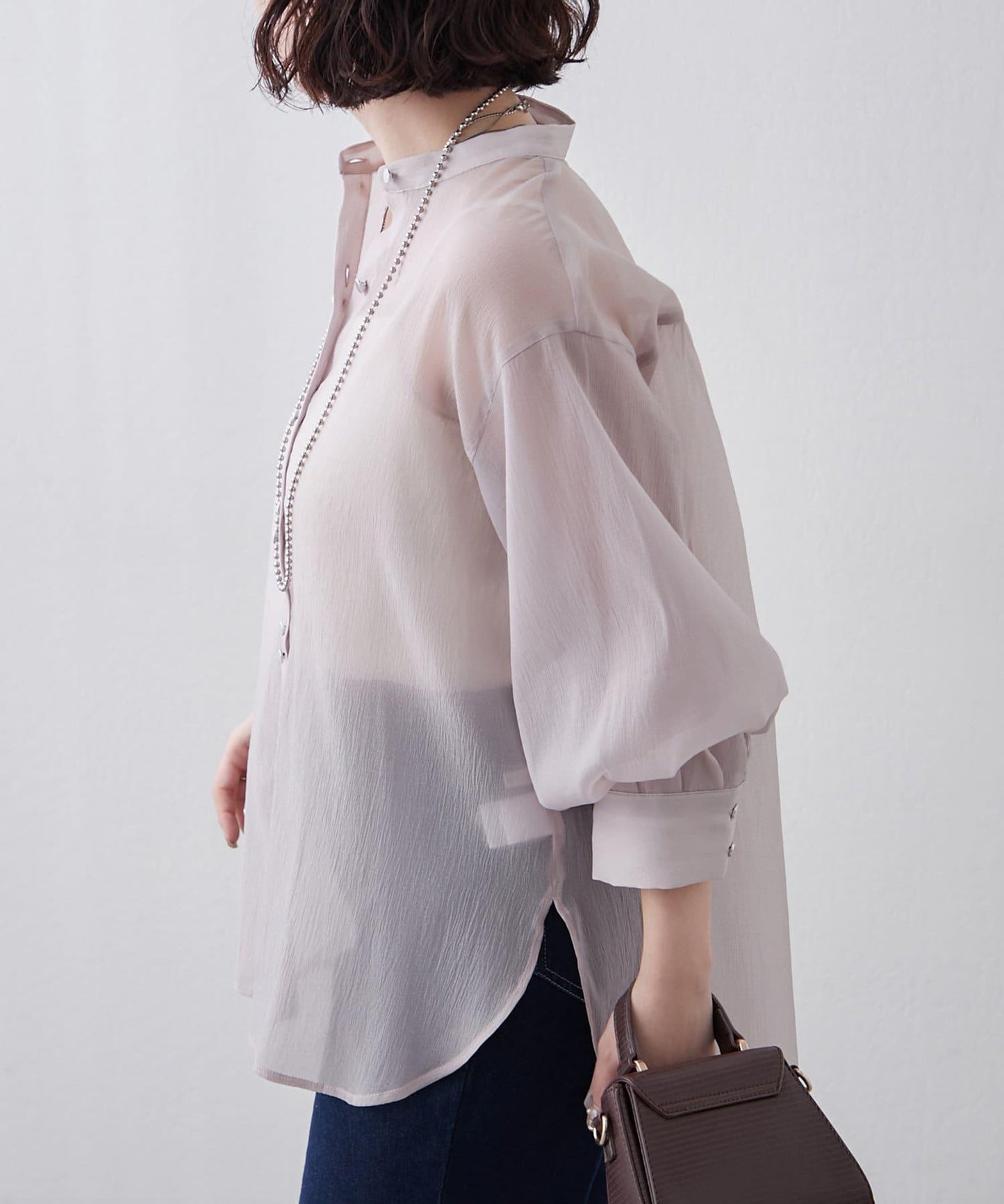 6色系、立領泡泡袖透視蕾絲襯衫