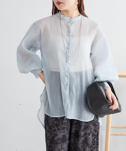 6色系、立領泡泡袖透視蕾絲襯衫