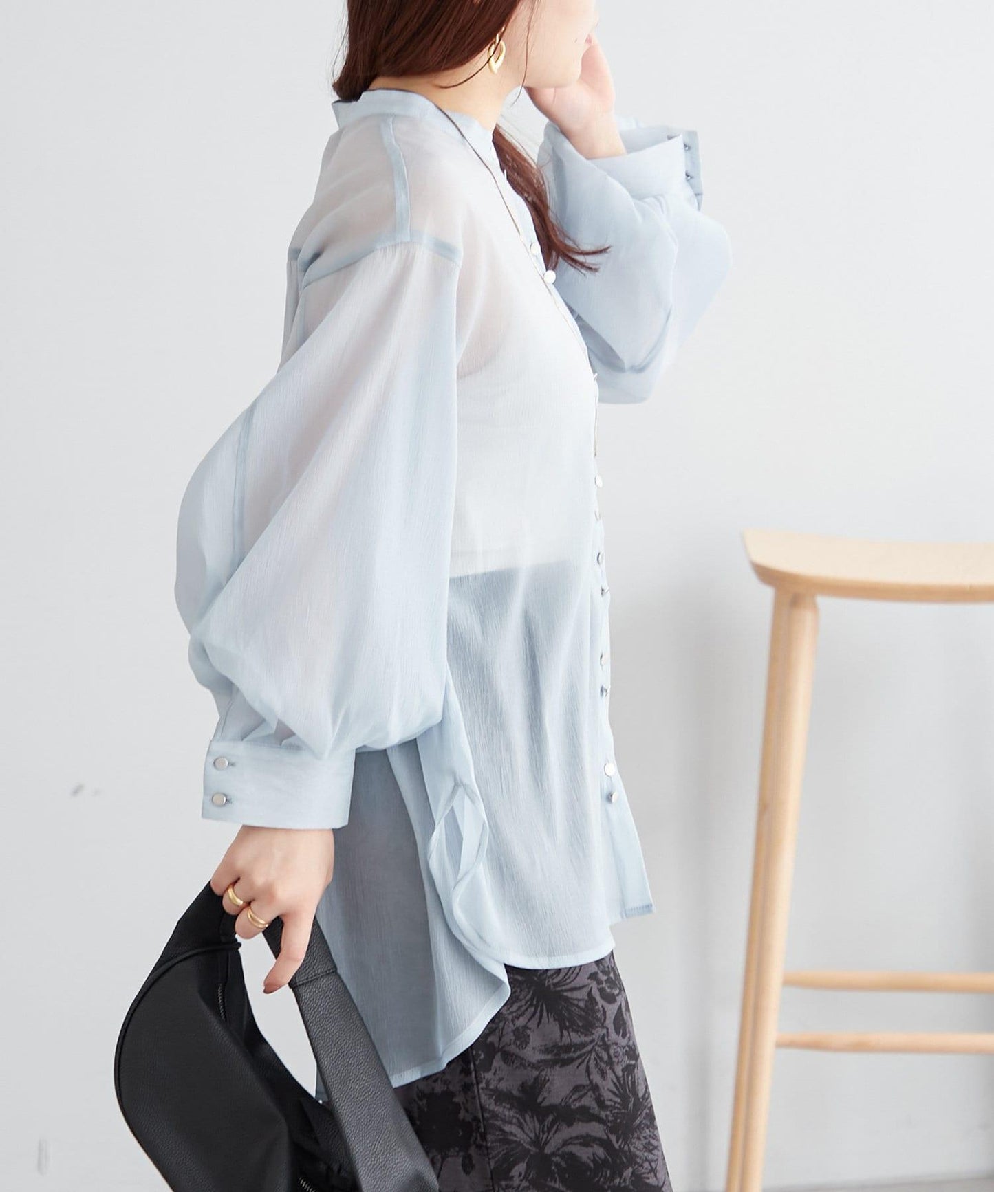 6色系、立領泡泡袖透視蕾絲襯衫