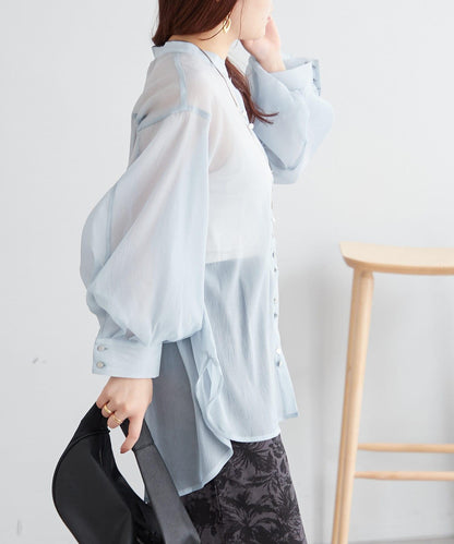 6色系、立領泡泡袖透視蕾絲襯衫