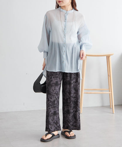 6色系、立領泡泡袖透視蕾絲襯衫