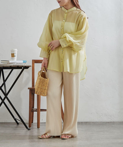 6色系、立領泡泡袖透視蕾絲襯衫