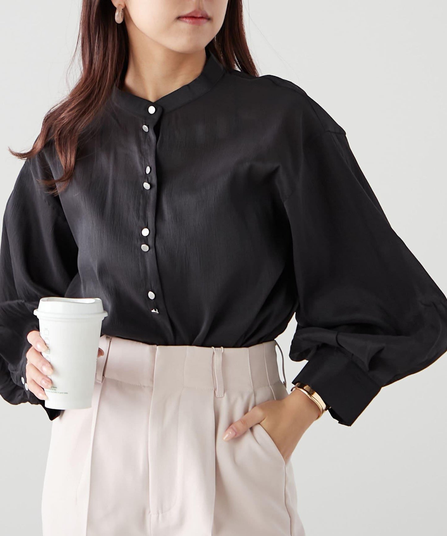 6色系、立領泡泡袖透視蕾絲襯衫