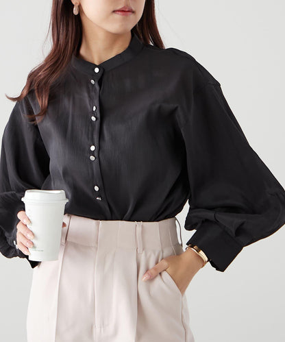 6色系、立領泡泡袖透視蕾絲襯衫