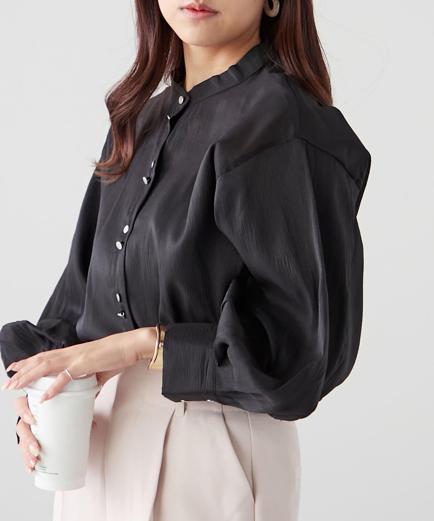 6色系、立領泡泡袖透視蕾絲襯衫