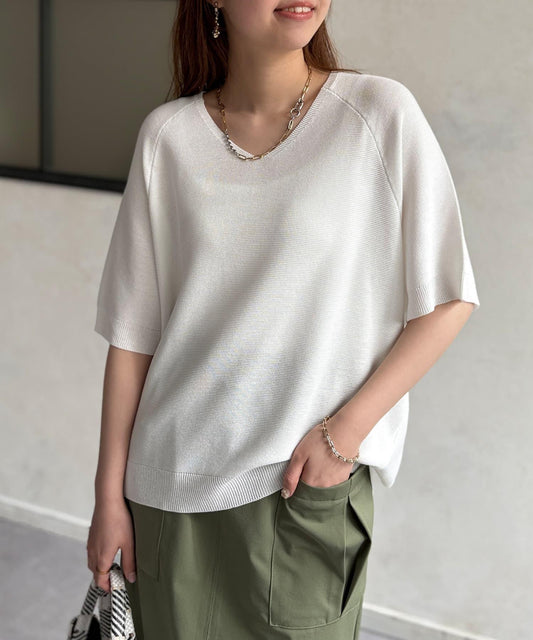 新款V領5分袖紋織針織套頭衫