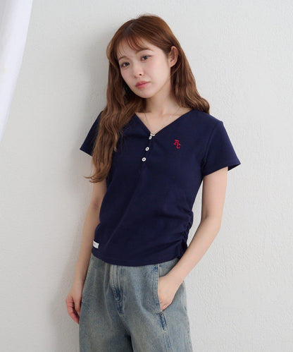 V領亨利領胸部刺繡短袖T恤