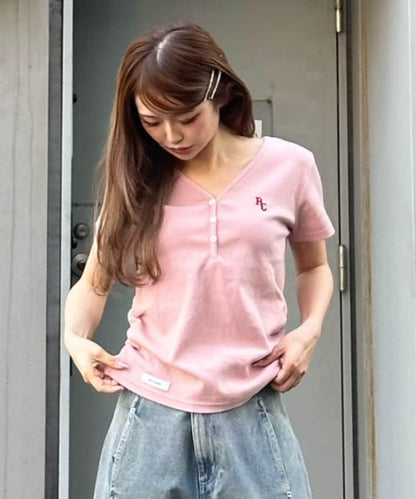 V領亨利領胸部刺繡短袖T恤