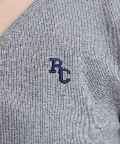 V領亨利領胸部刺繡短袖T恤