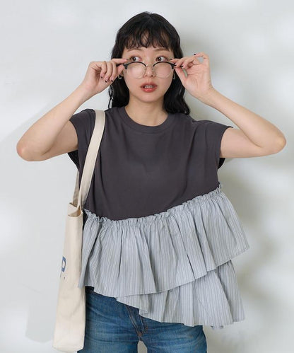 下襬荷葉邊條紋T恤