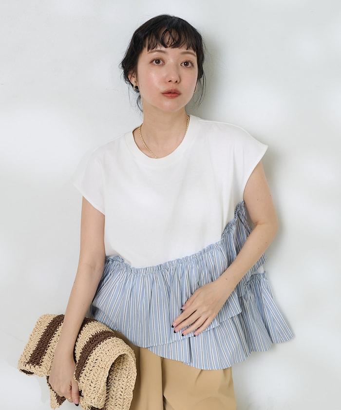 下襬荷葉邊條紋T恤