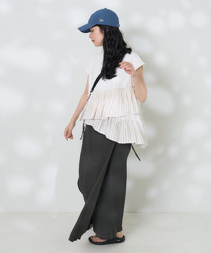 下襬荷葉邊條紋T恤