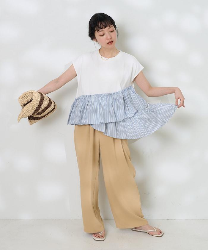 下襬荷葉邊條紋T恤