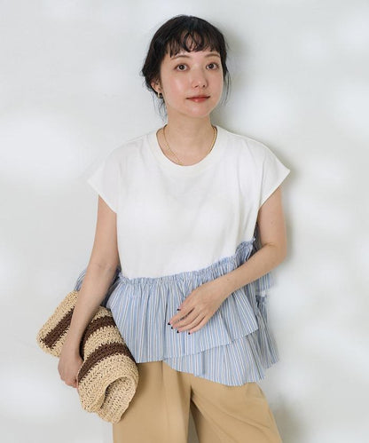 下襬荷葉邊條紋T恤