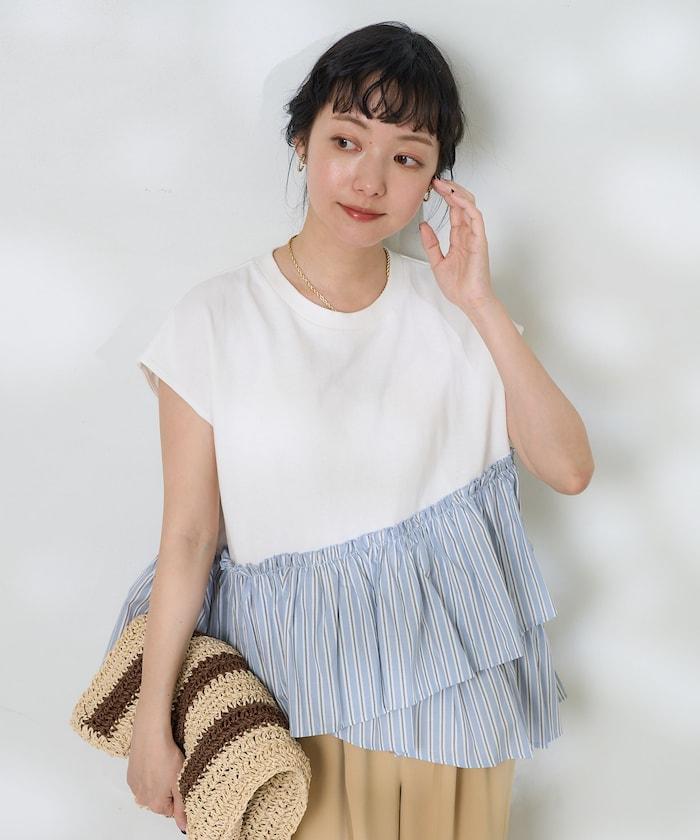 下襬荷葉邊條紋T恤