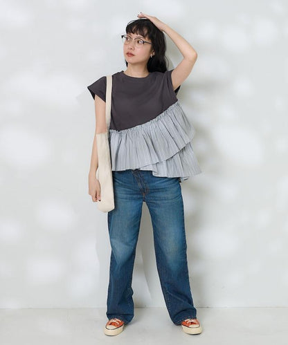 下襬荷葉邊條紋T恤