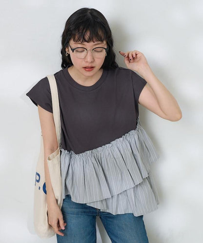 下襬荷葉邊條紋T恤