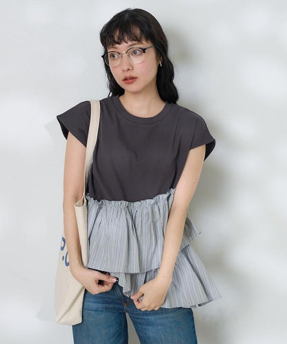 下襬荷葉邊條紋T恤