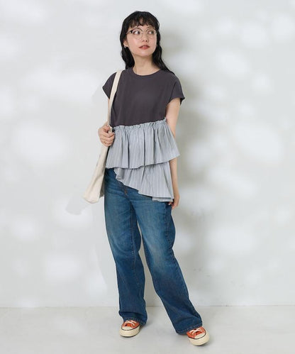 下襬荷葉邊條紋T恤