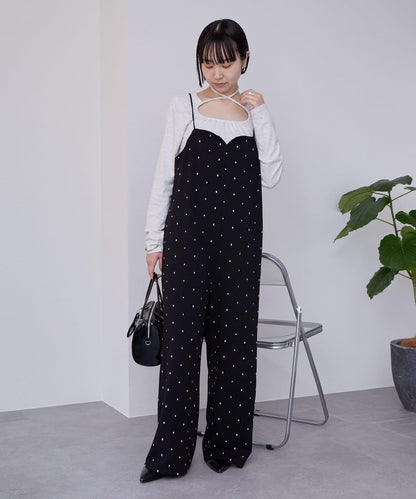 點點刺繡連體揹帶褲