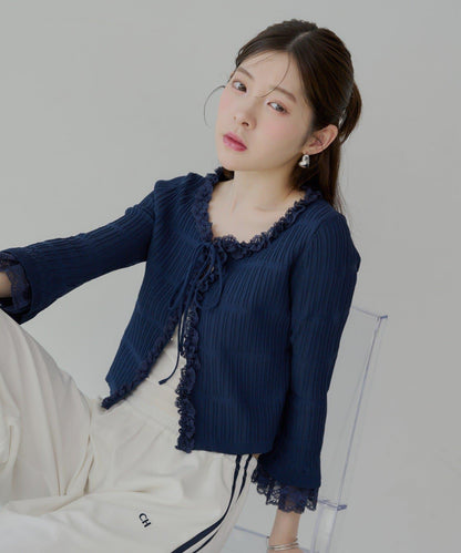 【7分袖】蕾絲拼接彈力針織開衫