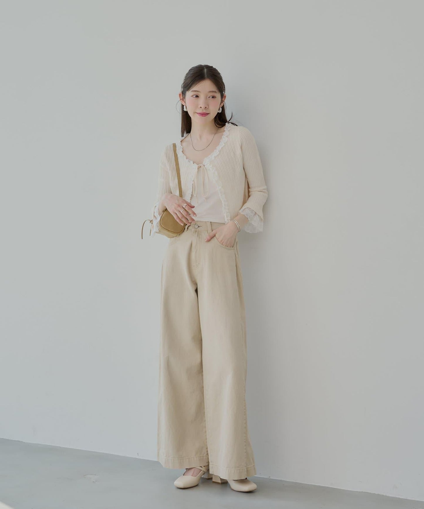 【7分袖】蕾絲拼接彈力針織開衫