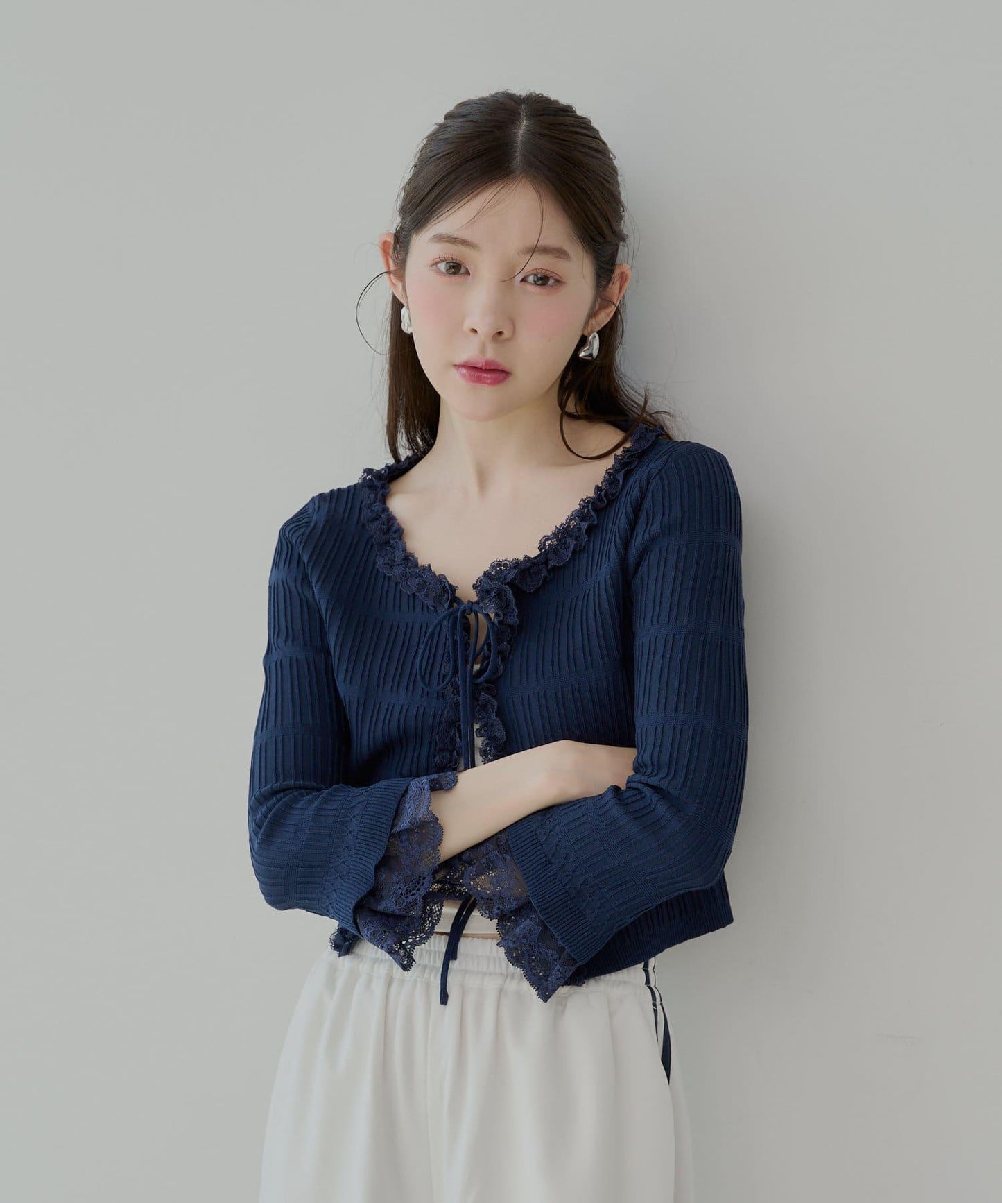 【7分袖】蕾絲拼接彈力針織開衫