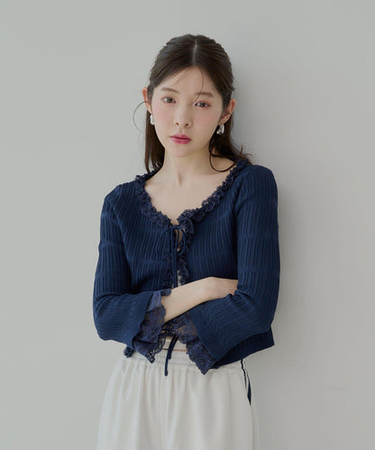 【7分袖】蕾絲拼接彈力針織開衫
