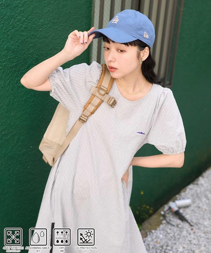 設計 絲絨條紋 泡泡袖連衣裙