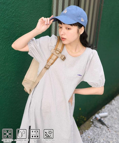 設計 絲絨條紋 泡泡袖連衣裙