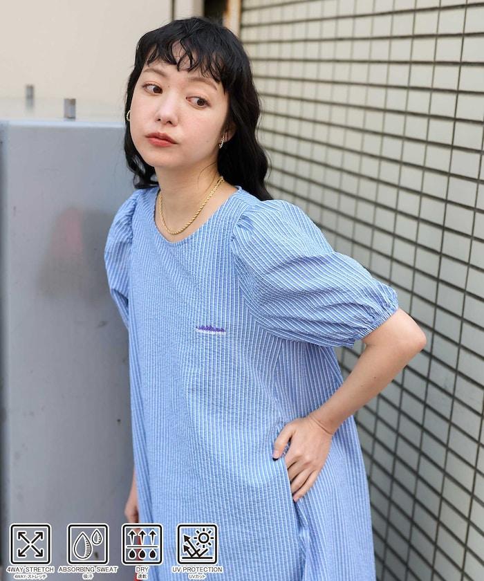 設計 絲絨條紋 泡泡袖連衣裙