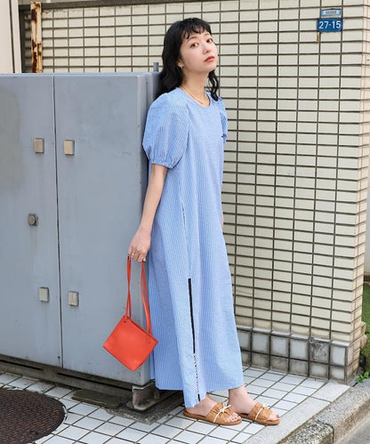 設計 絲絨條紋 泡泡袖連衣裙