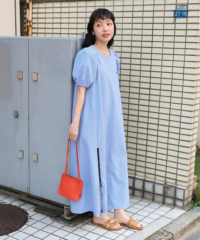 設計 絲絨條紋 泡泡袖連衣裙